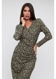 Vestido corto drapeado lateral estampado tonos verde