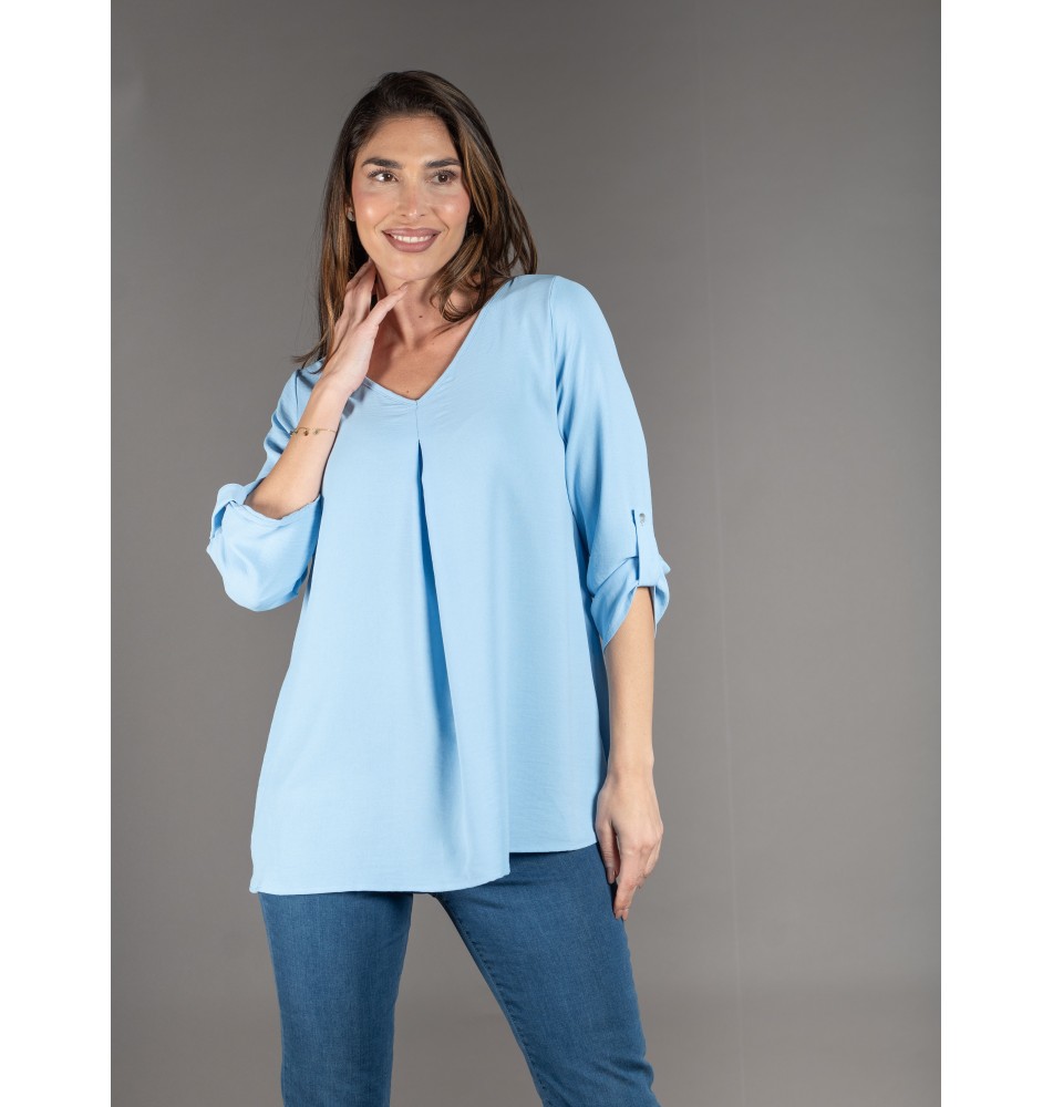 Blusa mujer con pliegue delantero color cielo
