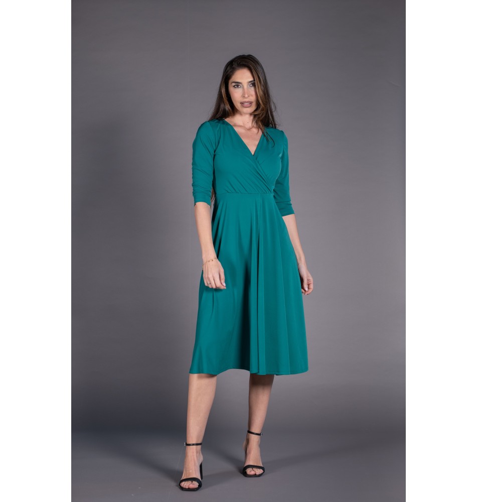 Vestido Midi escote pico cruzado liso verde