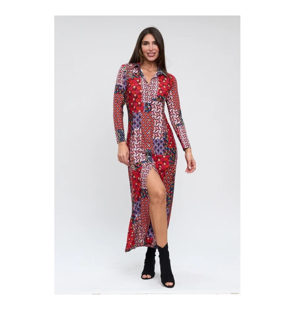 Vestido camisero estampado patchwork rojo