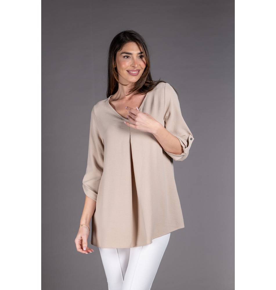 Blusa mujer con pliegue delantero beige