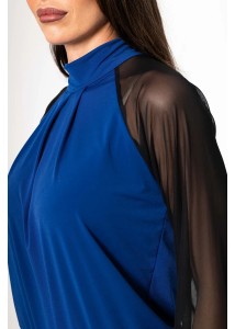 Conjunto pantalón palazzo y top con mangas de tul azul