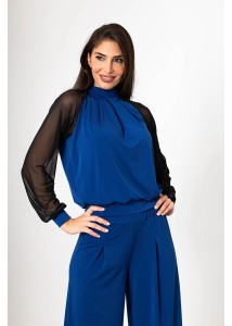 Conjunto pantalón palazzo y top con mangas de tul azul