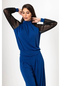 Conjunto pantalón palazzo y top con mangas de tul azul