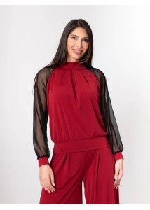Conjunto pantalón palazzo y top con mangas de tul. Granate
