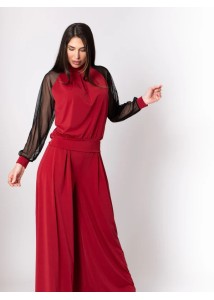 Conjunto pantalón palazzo y top con mangas de tul. Granate